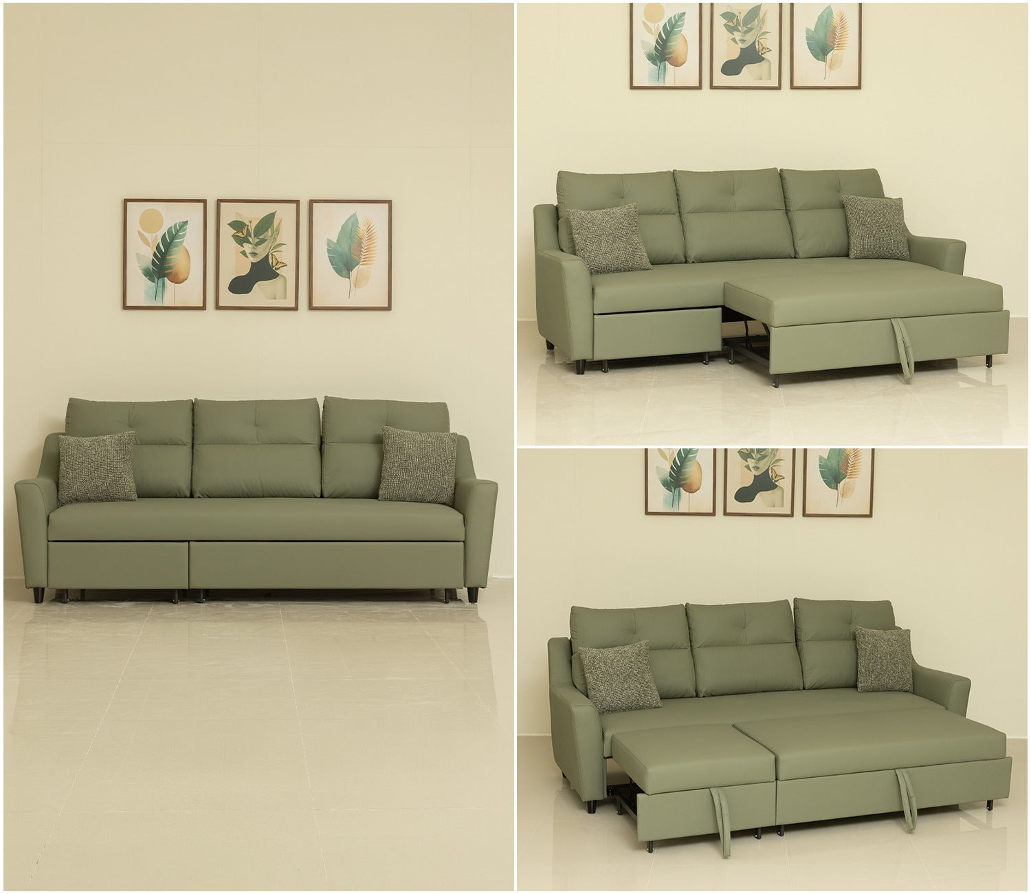 Elano 3-Seater Sofa Cum Bed | Pull-Out Mechanism (Green)
