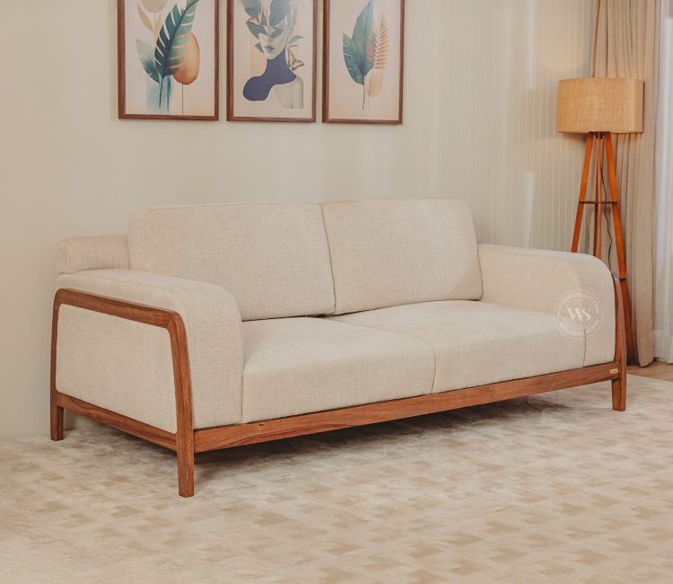 Maahir Contemporary Sofa with Wide Armrests and Wooden Accents (Cotton, Jade Ivory)