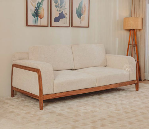 Maahir Contemporary Sofa with Wide Armrests and Wooden Accents (Cotton, Jade Ivory)