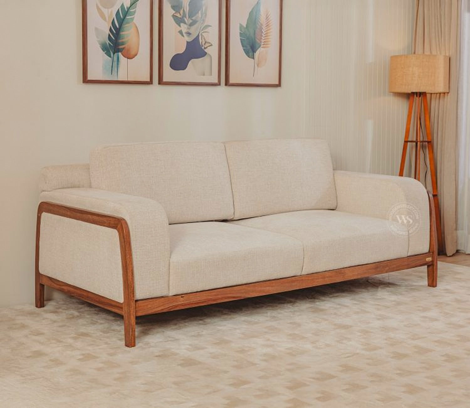 Maahir Contemporary Sofa with Wide Armrests and Wooden Accents (Cotton, Jade Ivory)