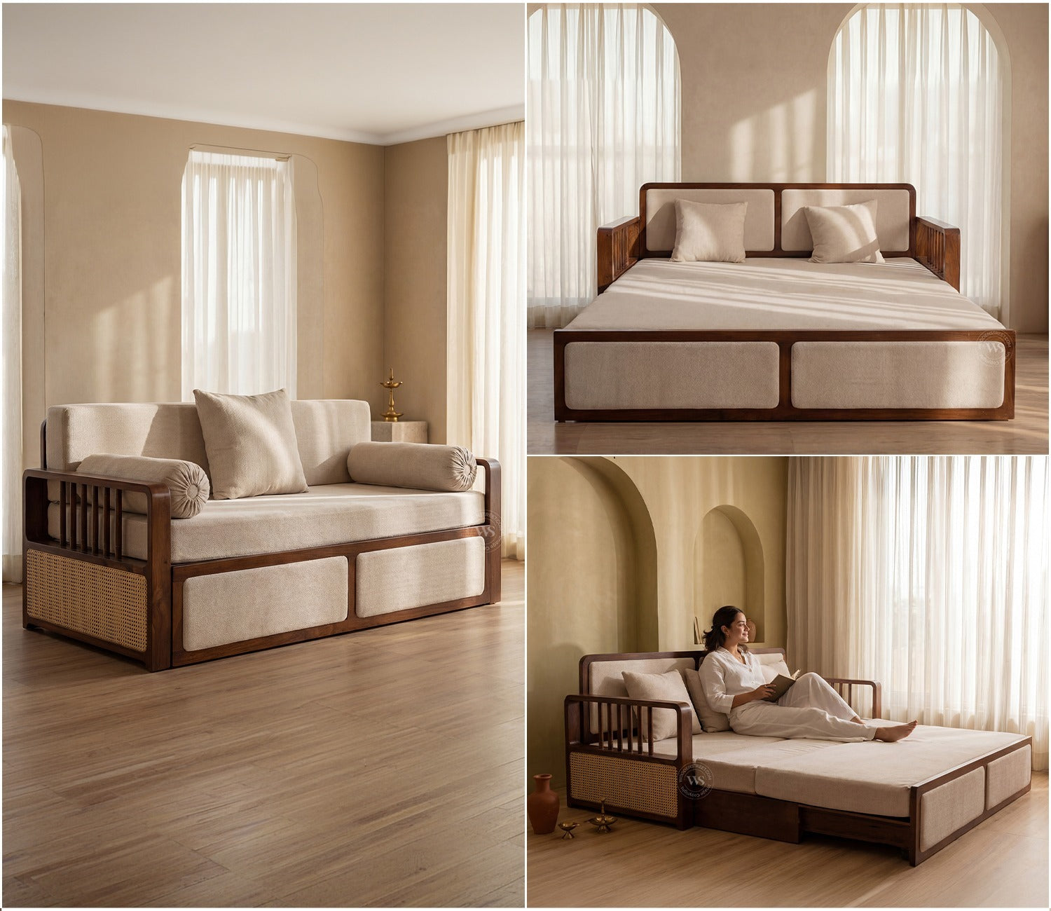 Vaastu 3-Seater Sheesham Wood Sofa Cum Bed in Premium Upholstery with Cane Weaving & Brass Accents (Teak Finish, Cottage Ivory)