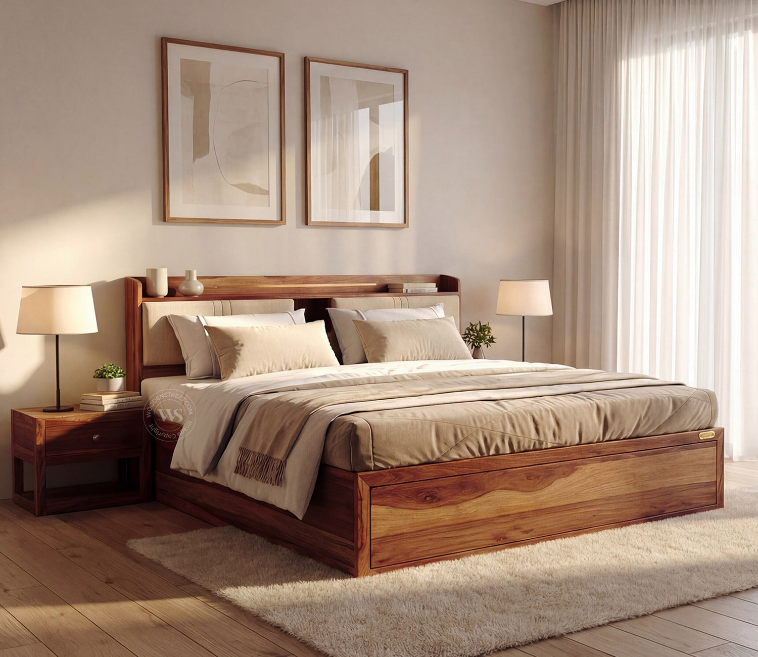 Wildon Premium Sheesham Wood Bed with Cushioned Headboard and Hydraulic Storage (Queen Size, Teak Finish)