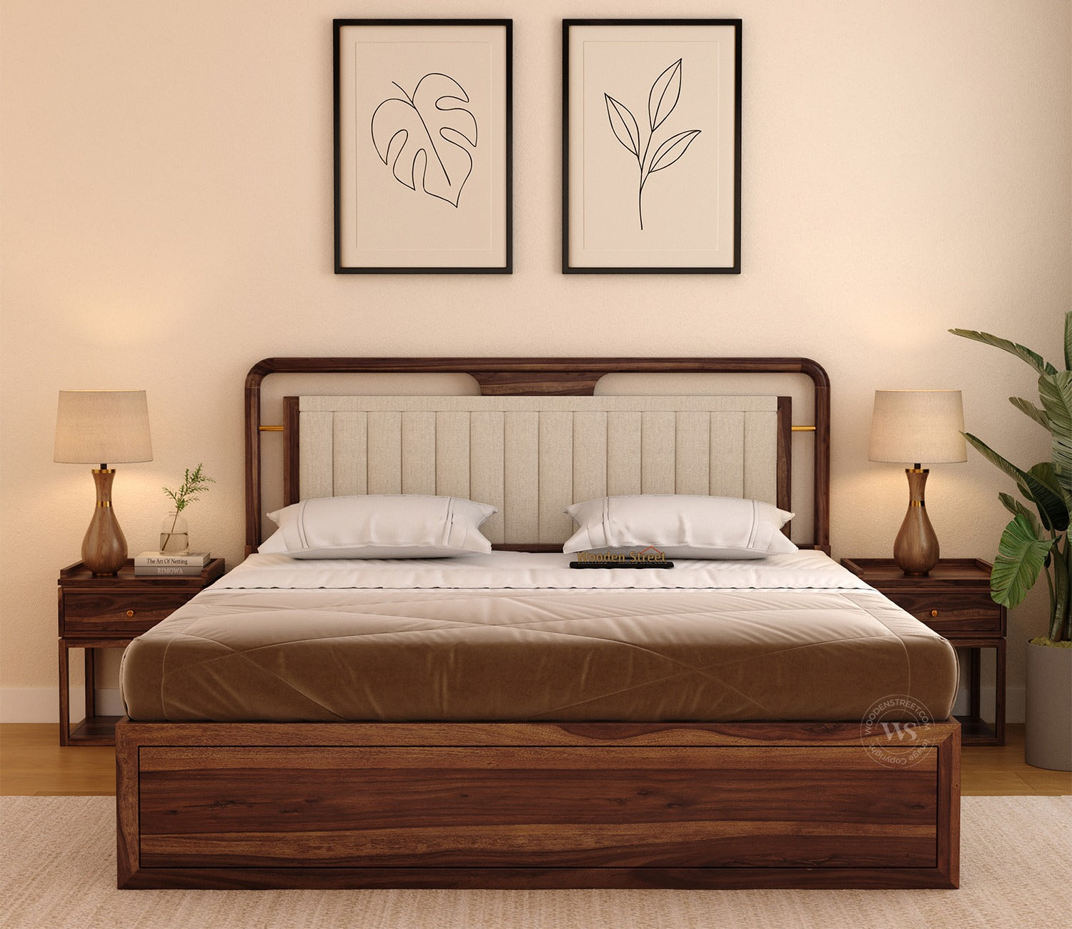Anvay Sheesham Wood Bed with Upholstered Headboard & Drawer Storage (Queen Size, Jade Ivory, Teak Finish)