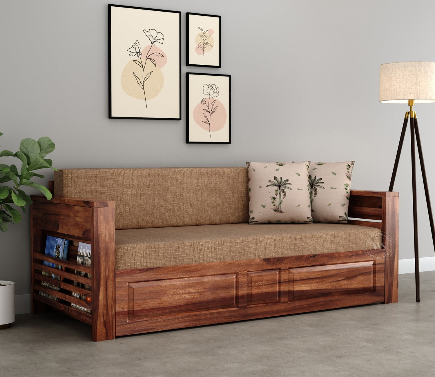 Feltro Sheesham Wood Sofa Bed With Storage (King Size, Honey Beach Cream)