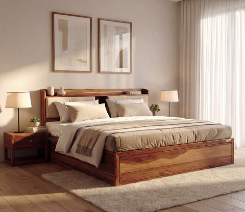Wildon Premium Sheesham Wood Bed with Cushioned Headboard and Hydraulic Storage (King Size, Teak Finish)
