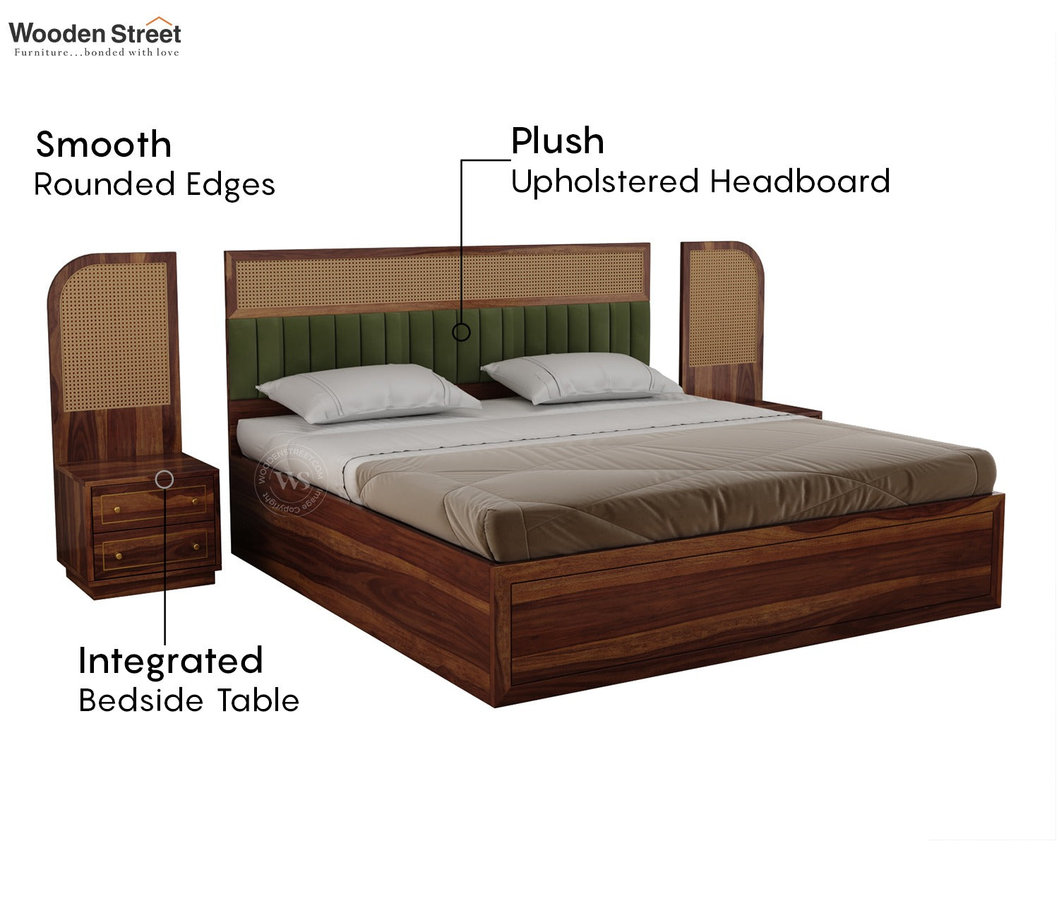 Serah Premium Sheesham Wood Bed with Cane & Velvet Headboard, Hydraulic Storage & 2 Modular Bedside Tables (King Size, Teak Finish)