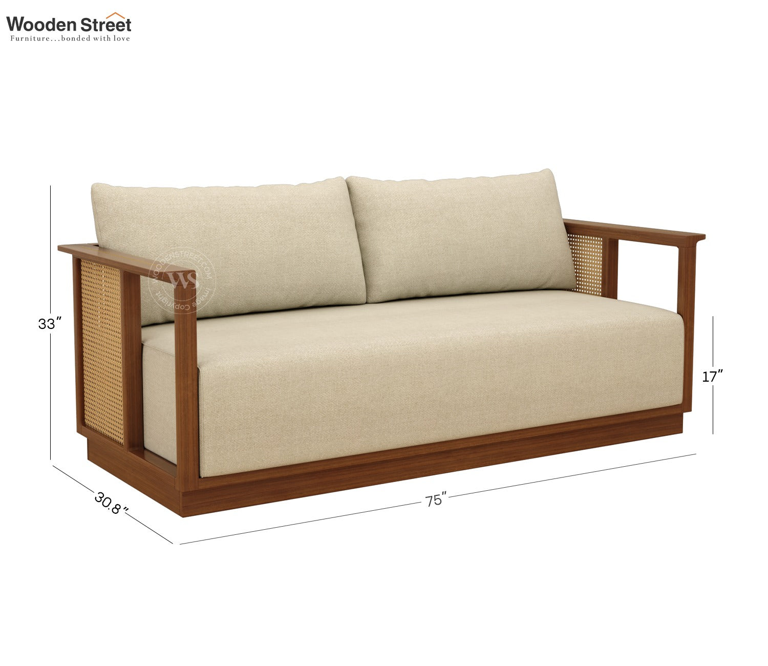 Varnik 3 Seater Ash Wood Sofa with Cane Accents (Teak Finish, Cottage Ivory)