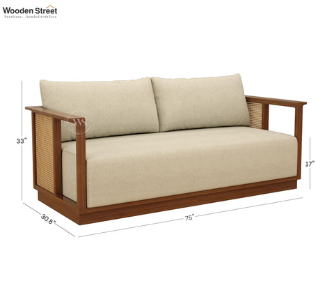 Varnik 3 Seater Ash Wood Sofa with Cane Accents (Teak Finish, Cottage Ivory)