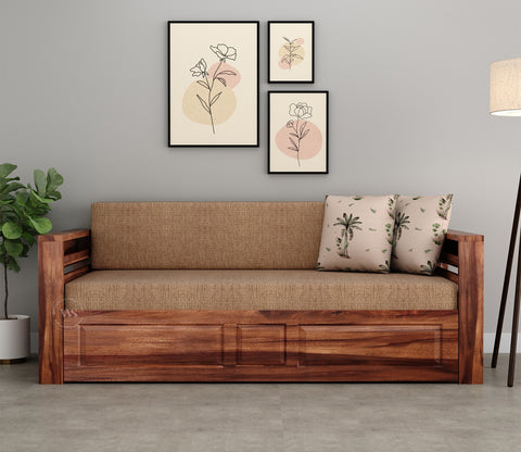 Feltro Sheesham Wood Sofa Bed With Storage (King Size, Honey Beach Cream)