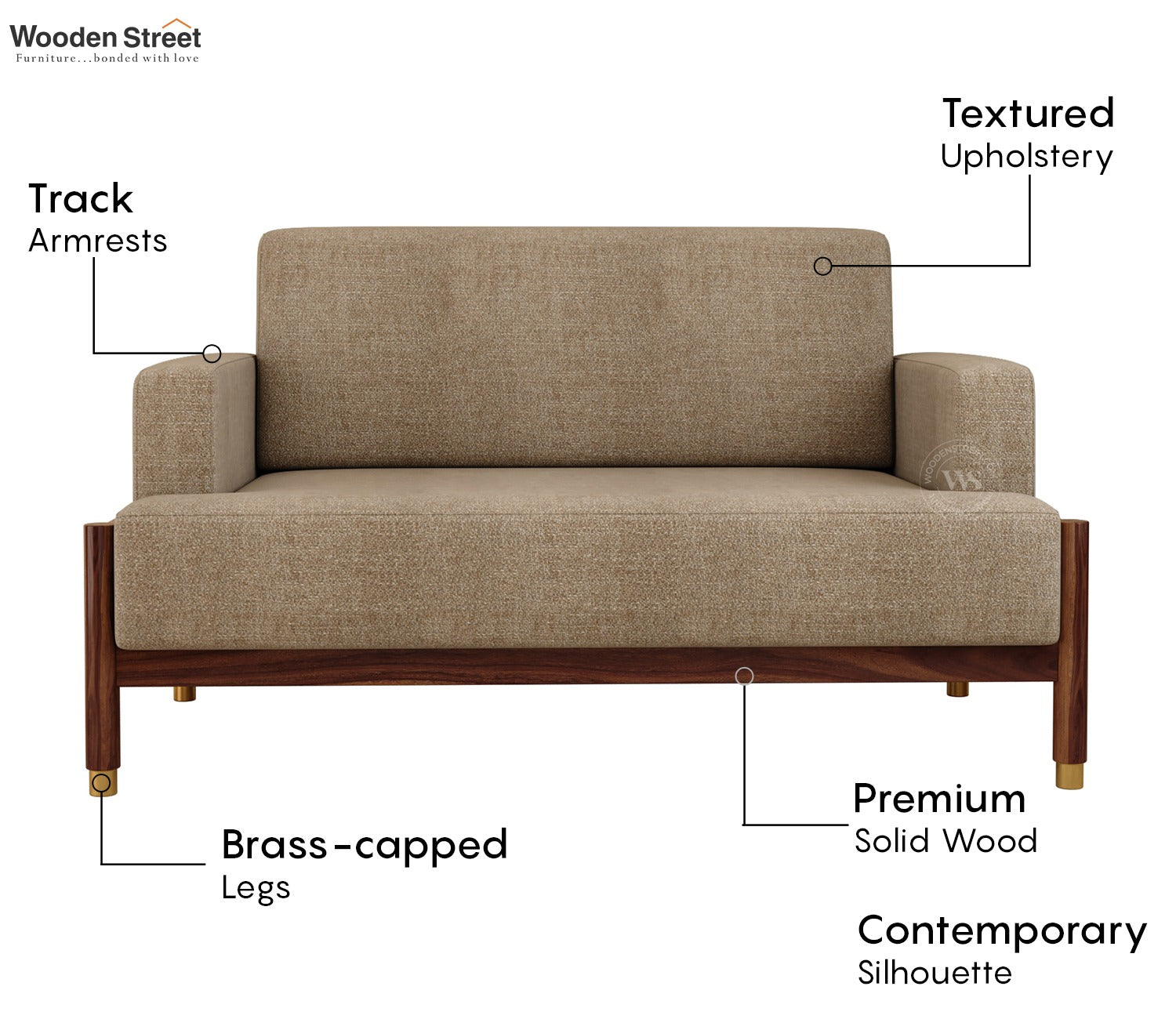Kairav Modern 2 Seater Wooden Sofa with Premium Upholstery (Pebble Beige)