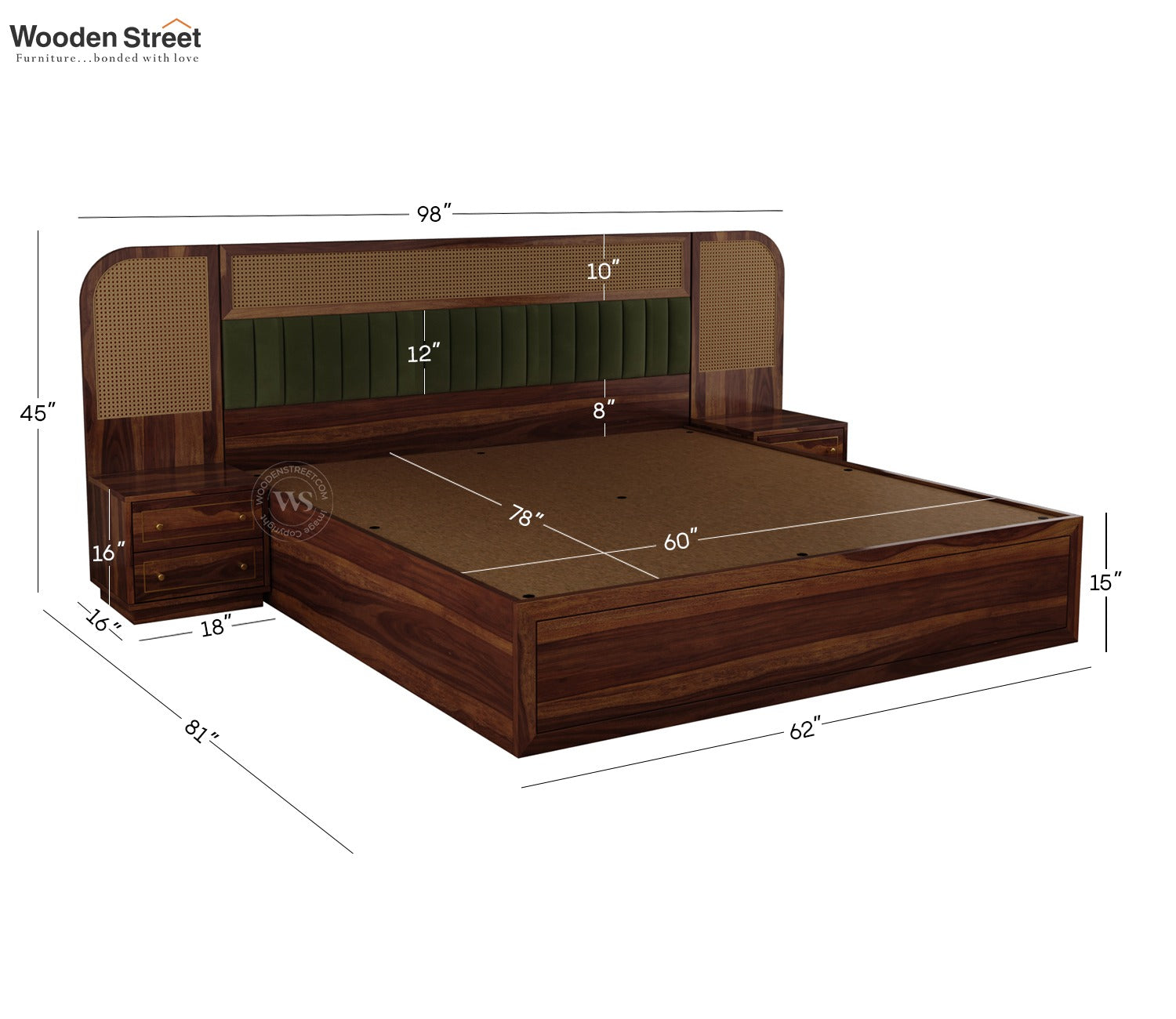 Serah Premium Sheesham Wood Bed with Cane & Velvet Headboard, Hydraulic Storage & 2 Modular Bedside Tables (Queen Size, Teak Finish)