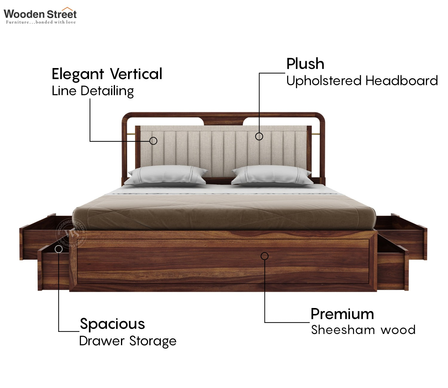 Anvay Sheesham Wood Bed with Upholstered Headboard & Drawer Storage (Queen Size, Jade Ivory, Teak Finish)