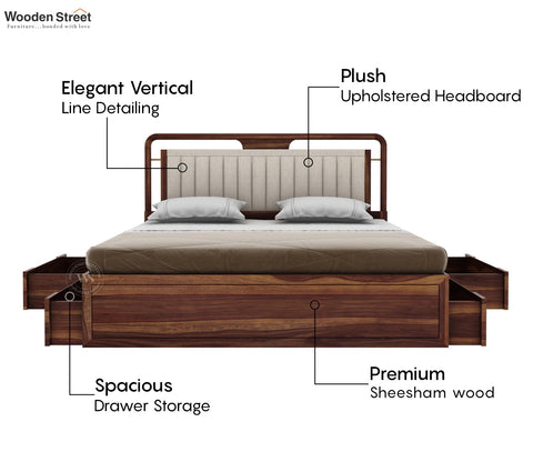 Anvay Sheesham Wood Bed with Upholstered Headboard & Drawer Storage (Queen Size, Jade Ivory, Teak Finish)