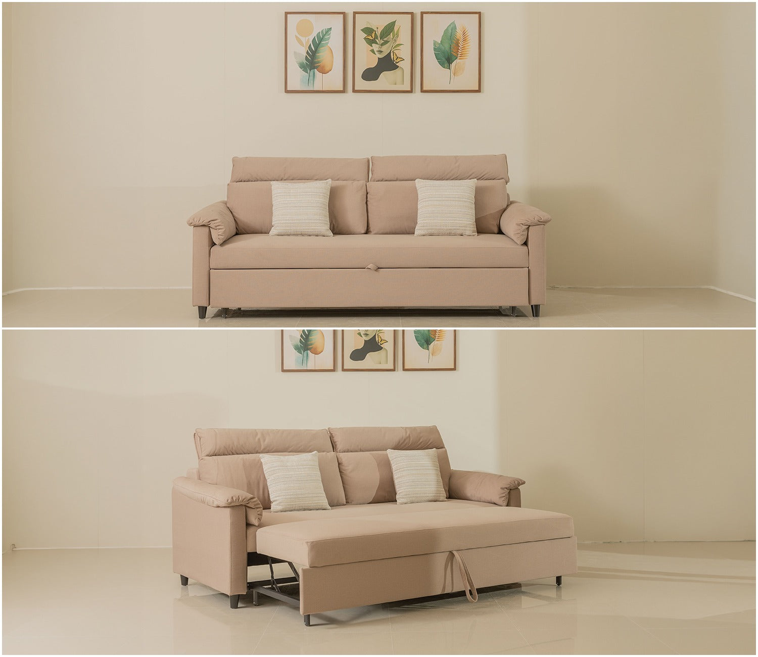 Bruna 3-Seater Convertible Sofa Cum Bed | Pull-Out Mechanism | Adjustable Backrest | Premium Fabric Upholstery | Space-Saving Design (Beige)