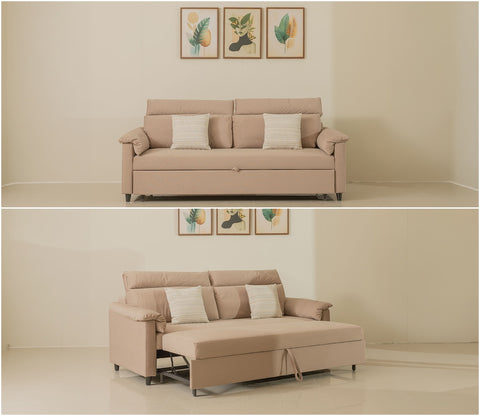 Bruna 3-Seater Convertible Sofa Cum Bed | Pull-Out Mechanism | Adjustable Backrest | Premium Fabric Upholstery | Space-Saving Design (Beige)