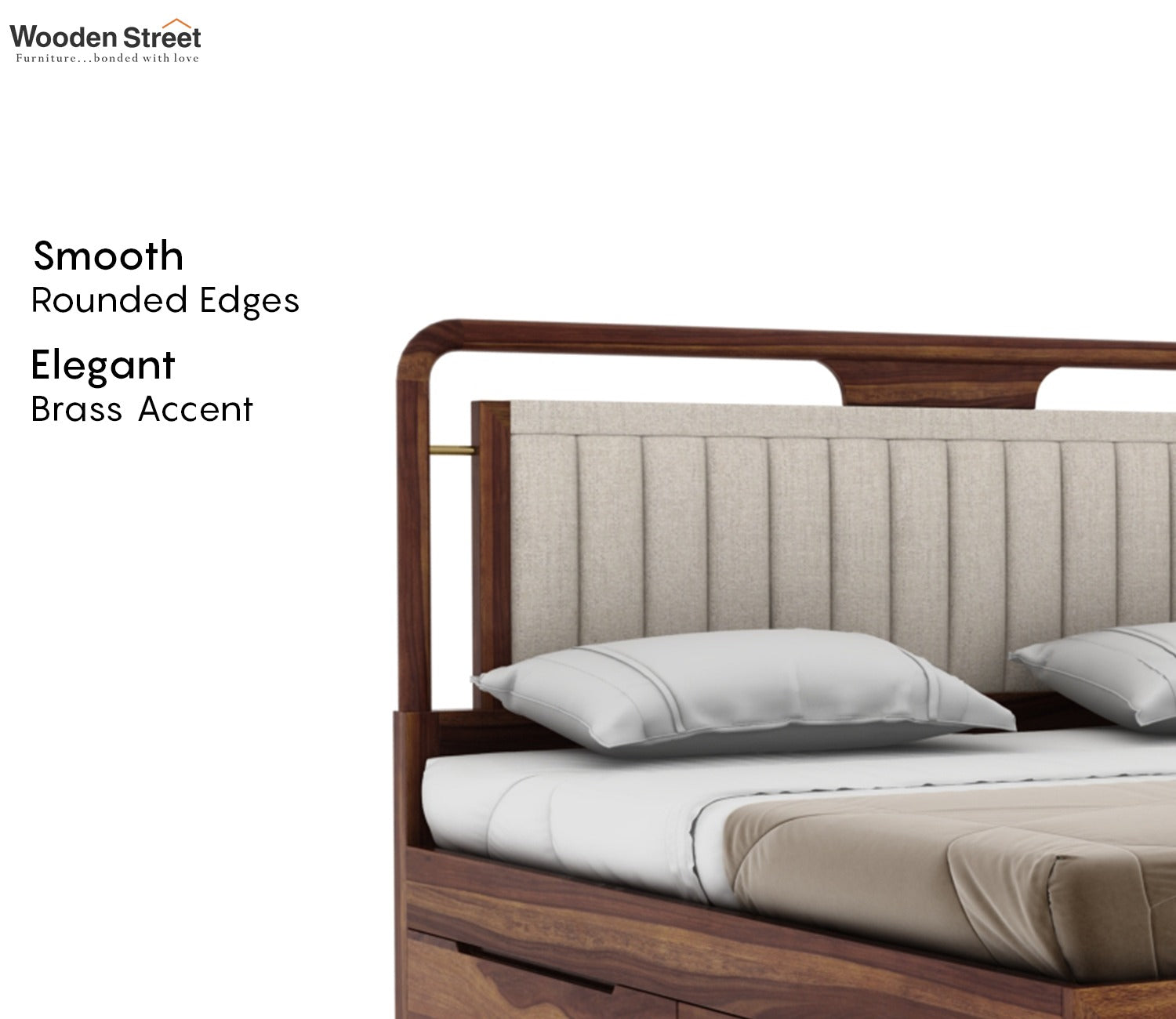 Anvay Sheesham Wood Bed with Upholstered Headboard & Drawer Storage (Queen Size, Jade Ivory, Teak Finish)