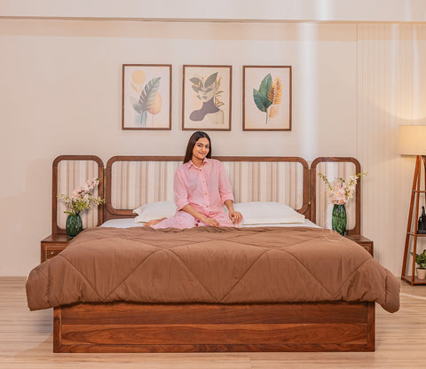 Iransh Premium Sheesham Wood Bed with Striped Headboard Drawer Storage and 2 Bedside Tables (Queen Size, Cream Stripe)