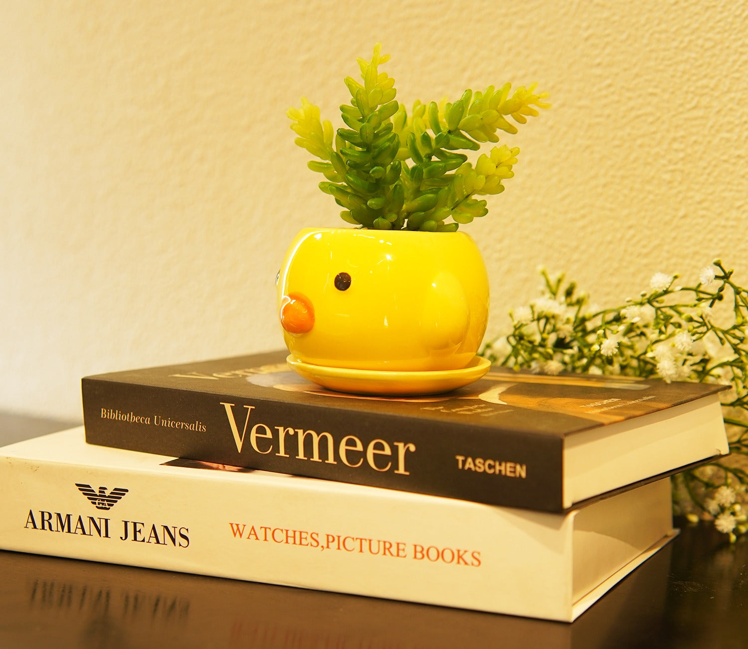 Whimsy Ceramic Enamel Pot With Artificial Flowers (Yellow)