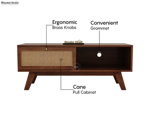 Droid Premium Solid Wood TV Unit With Pull-Down Door Cabinet, Open Shelf & Cane Detailing (Mango Wood, Teak Finish)