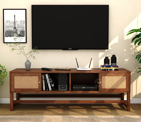 Imperio Premium Solid Wood TV Unit With Cane Door Cabinets & Open Shelves (Mango Wood, Honey Finish)