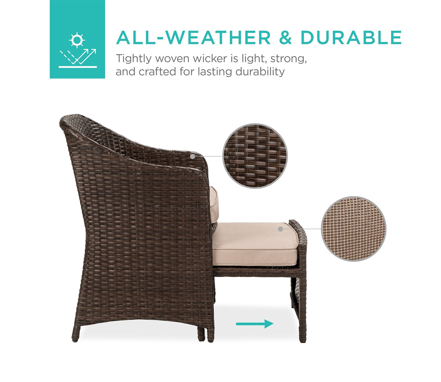 Dark Brown Rattan And Wicker 2 Seater Patio Set With Table And Cream Cushions