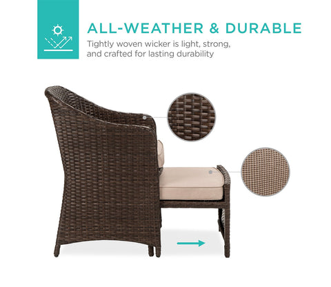 Dark Brown Rattan And Wicker 2 Seater Patio Set With Table And Cream Cushions
