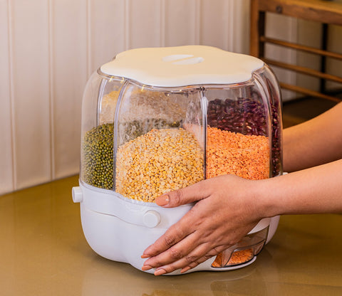 Grainery 6- Compartment All-In-One Rotating Grain Dispenser (White, Small)