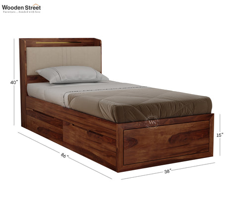 Wildon Premium Sheesham Wood Bed with Cushioned Headboard and Drawer Storage (Single Size, Teak Finish)