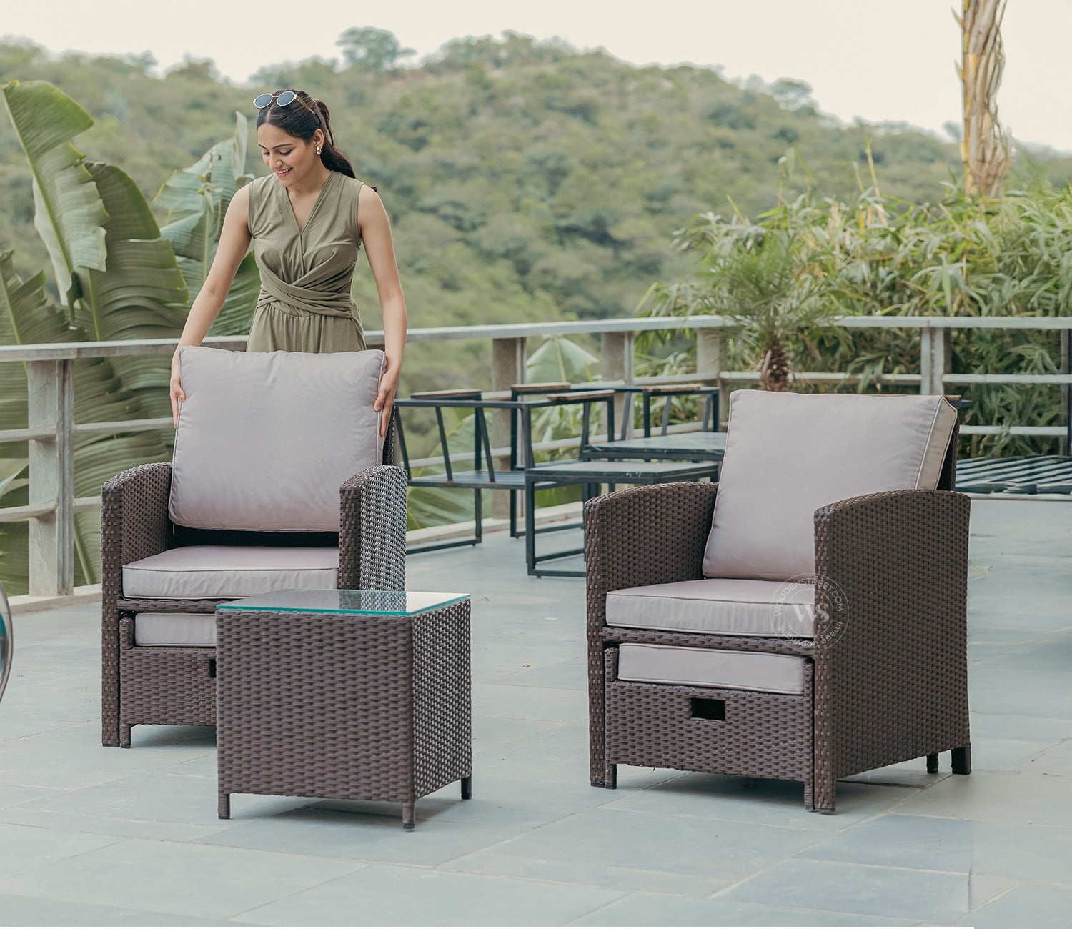 Vivica Premium Wicker 2 Seater Outdoor Set with Coffee Table and Ottomans (Beige)