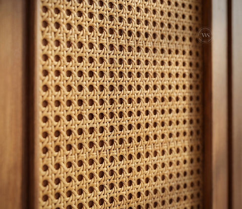 Tripti Classic Kitchen Cabinet with Fluted Glass, Cane Weave & Brass Knobs (Teak Finish)