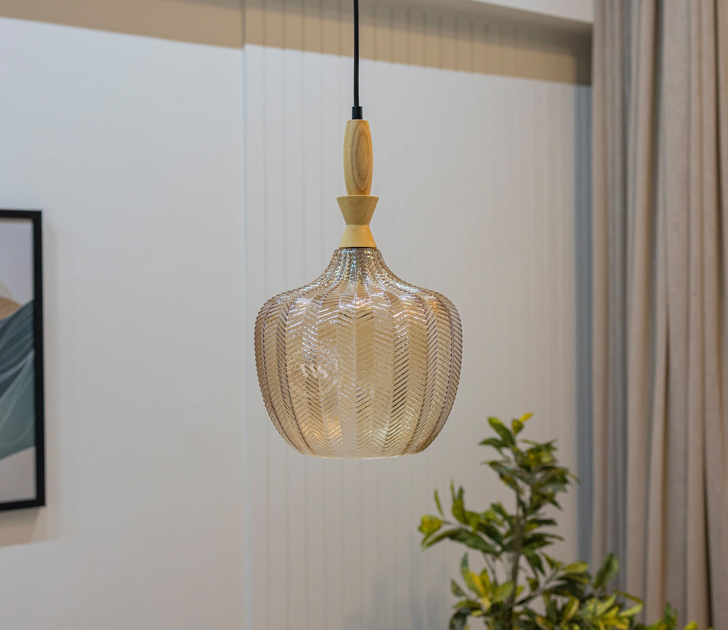 Ellyse Textured Glass Pendant Light with Wooden Top Accent (Bronze)