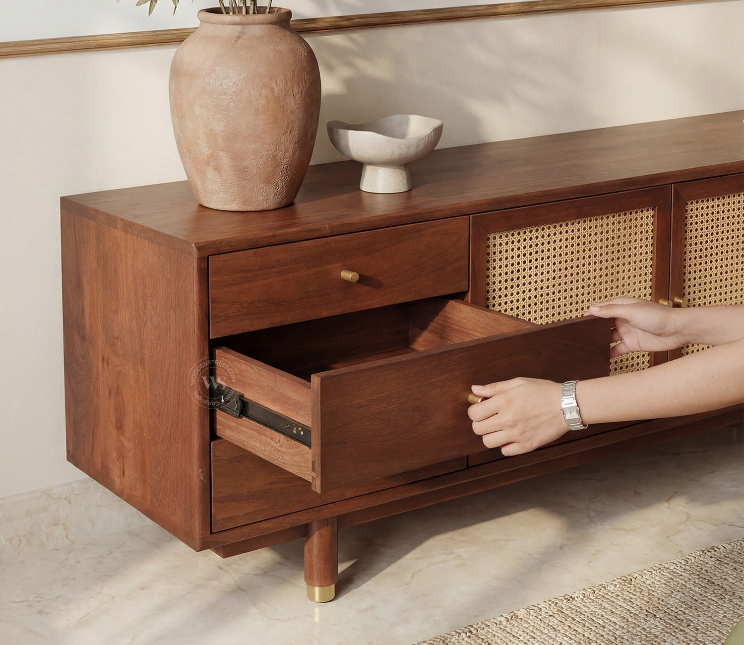 Eka Premium Mango Wood TV Unit with Natural Cane Detailing - Bohemian Contemporary Design (Teak Finish)