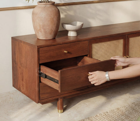 Eka Premium Mango Wood TV Unit with Natural Cane Detailing - Bohemian Contemporary Design (Teak Finish)