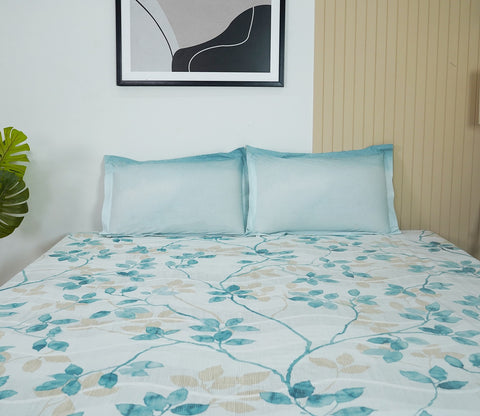 Flowery 144 TC Flat Pure Cotton King Size Bedsheet With 2 Pillow Covers (Blue)