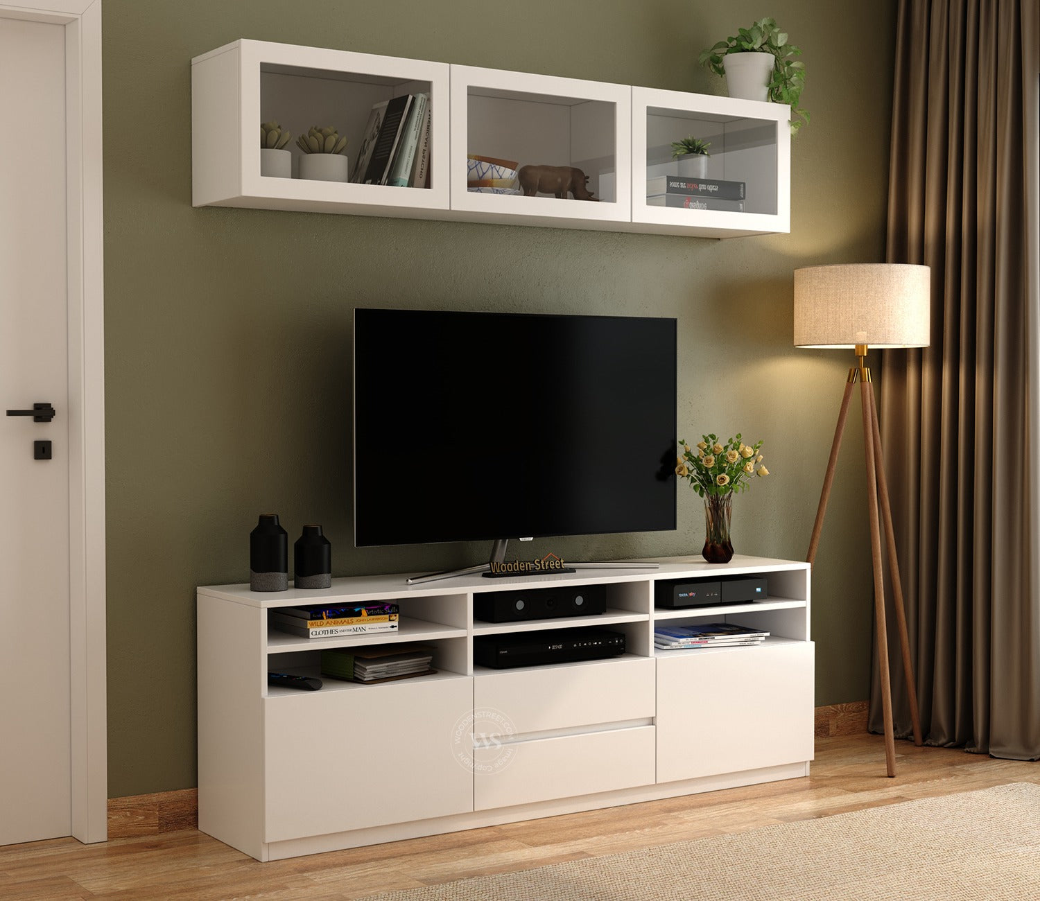 Delfino Engineered Wood Modular TV Unit With Ample Storage | TV Media Console Suitable For Up To 65 Inch TV (White Finish)