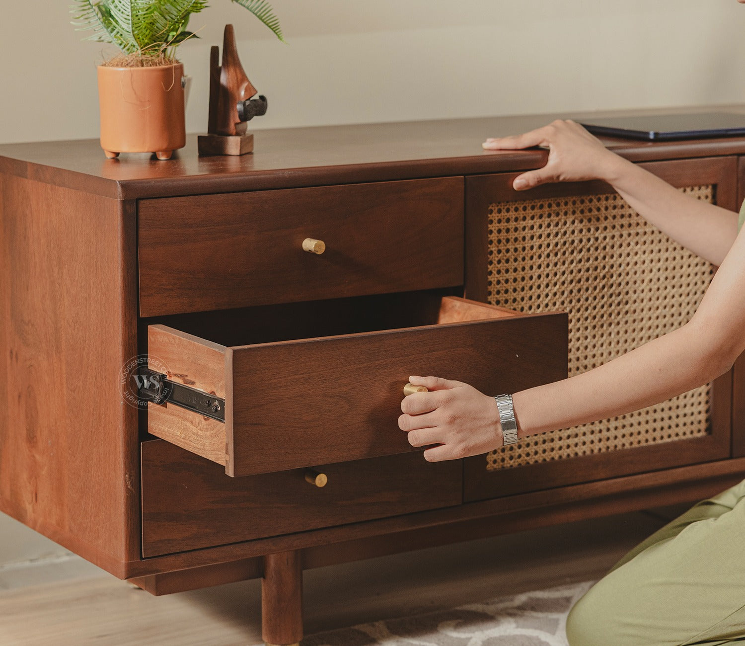 Eka Premium Mango Wood TV Unit with Natural Cane Detailing - Bohemian Contemporary Design (Teak Finish)