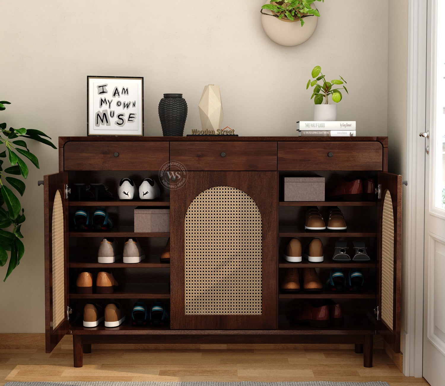 Mazie Premium Solid Wood Shoe Rack With Storage & Cane Detailing (Mango Wood, Teak Finish)