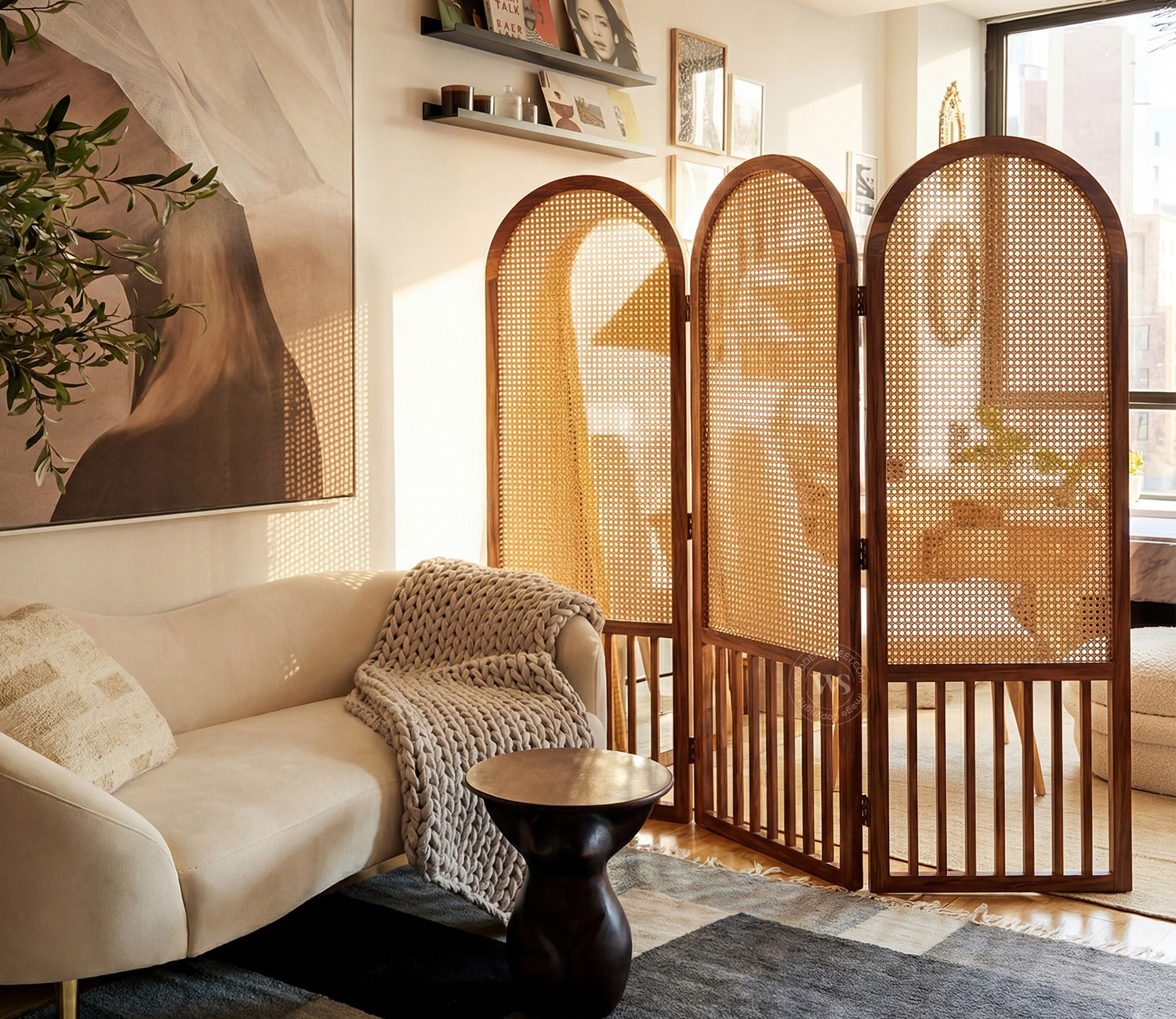 Aavriti Arched Sheesham Wood Room Divider with Natural Cane Weave - Foldable 3 Panel Screen