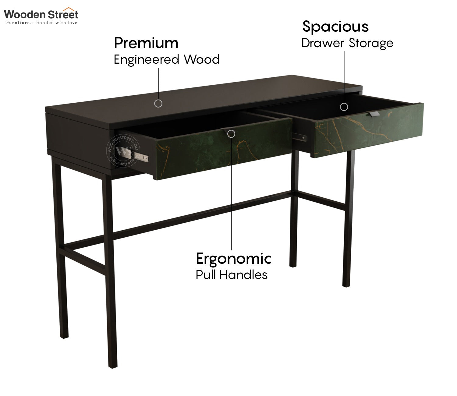 Aurean Engineered Wood Console Table With Textured Laminated MDF Drawer Front & Metal Base (Marble Green)