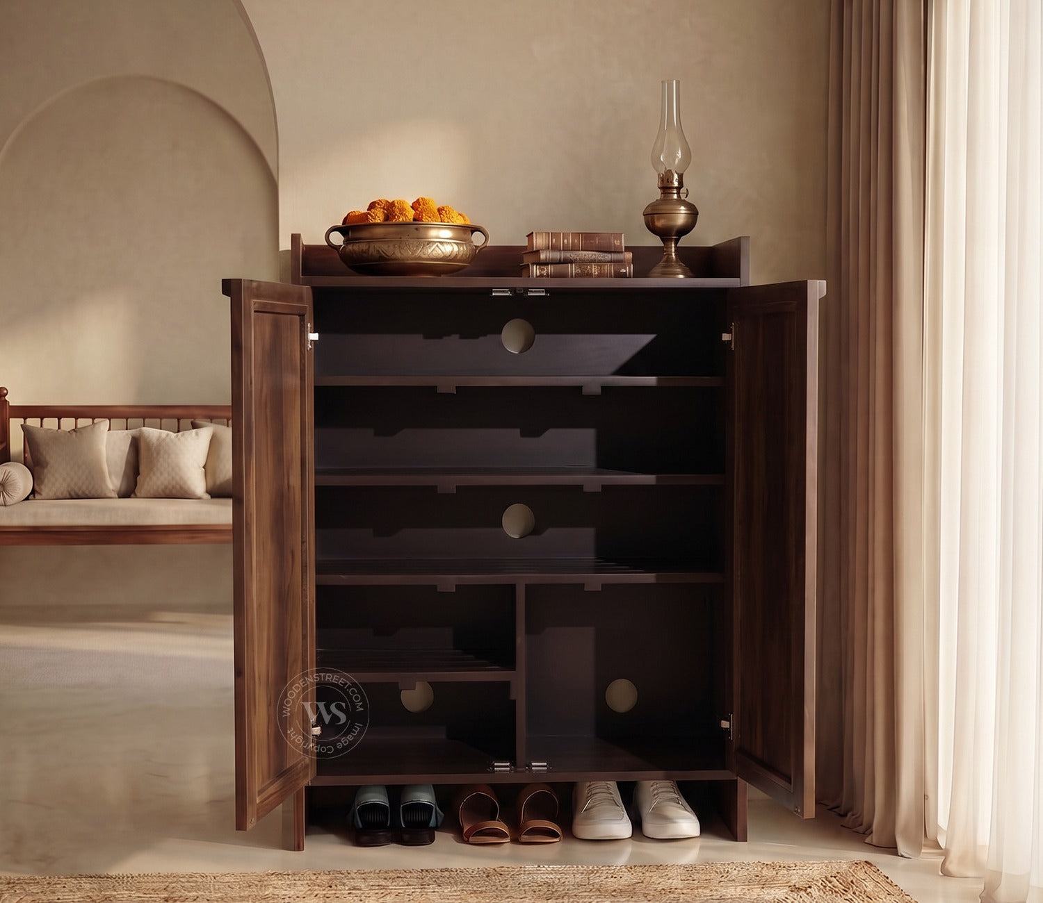Vithiya Premium Solid Wood Shoe Rack With Cane Detailing (Mango Wood, Teak Finish)