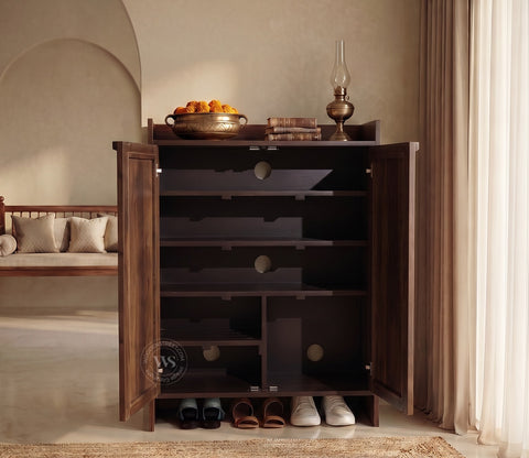 Vithiya Premium Solid Wood Shoe Rack With Cane Detailing (Mango Wood, Teak Finish)