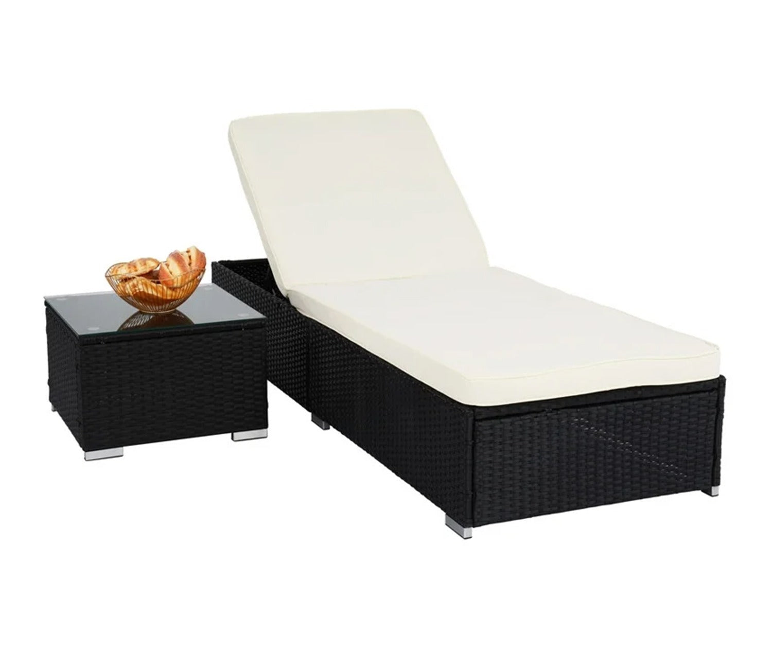 Black Adjustable Outdoor Patio Lounger With Table And Off White Cushions