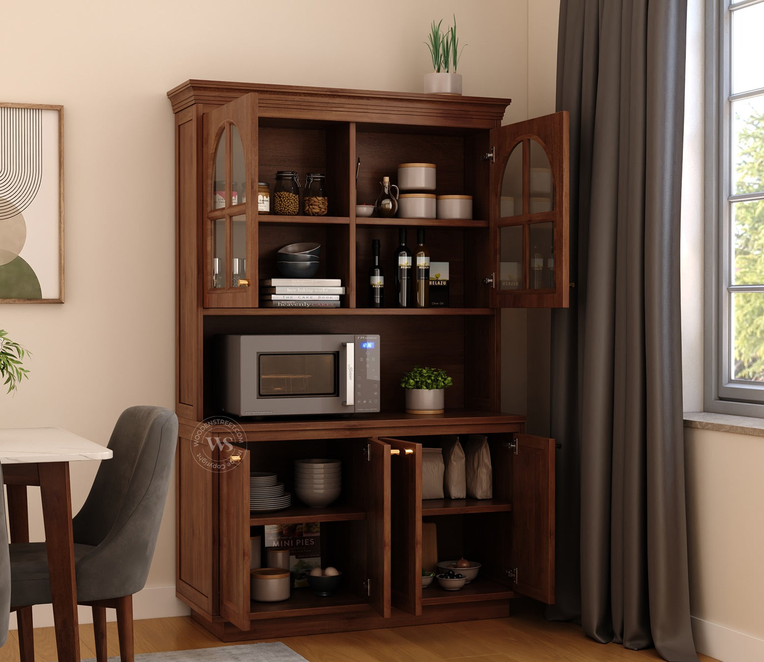 Nivrit Mango Wood Arch Glass Kitchen Cabinet (Teak Finish)