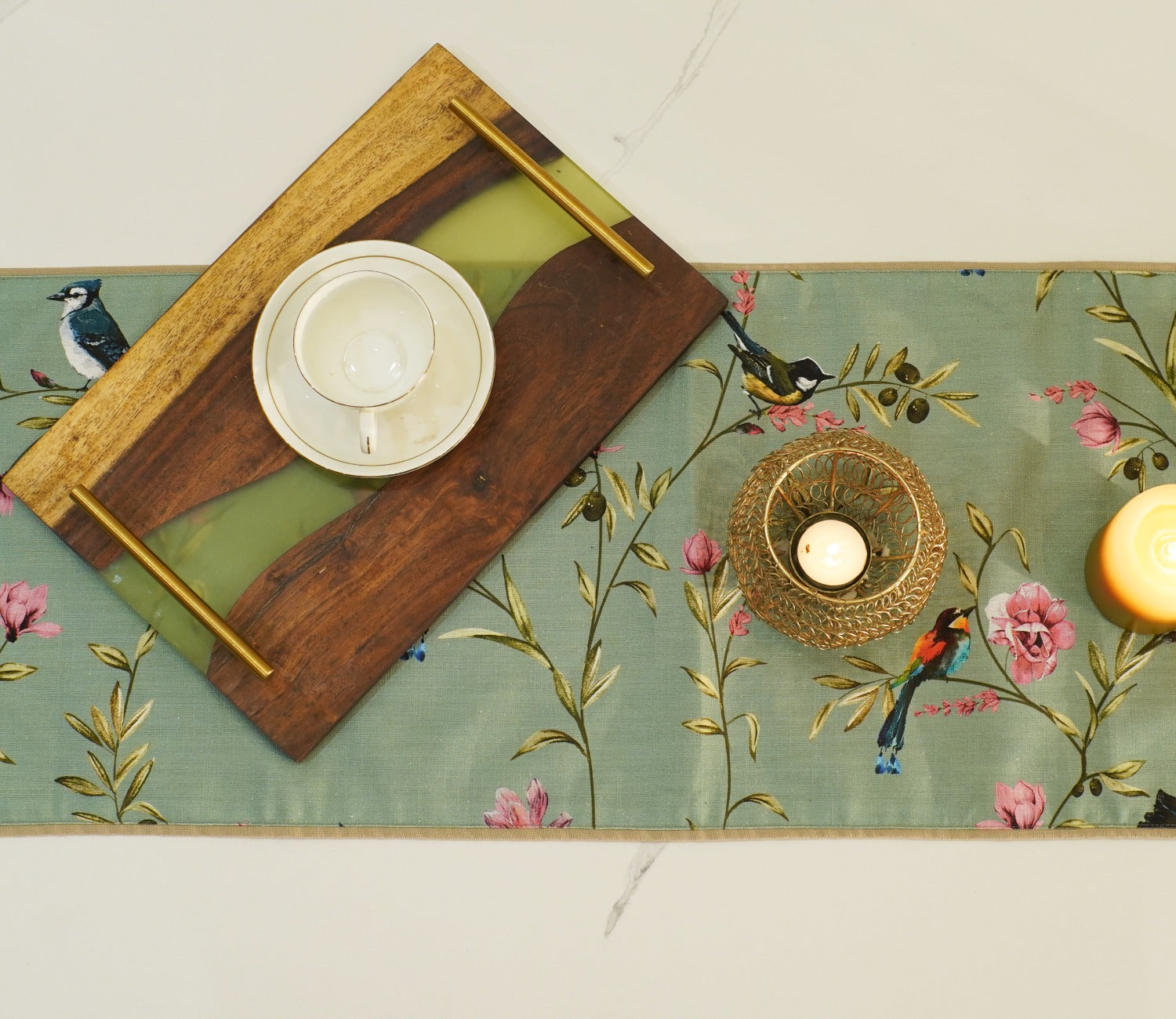 Bird on Branch Printed Cotton Table Runner (Teal, 13 x 72 Inches)