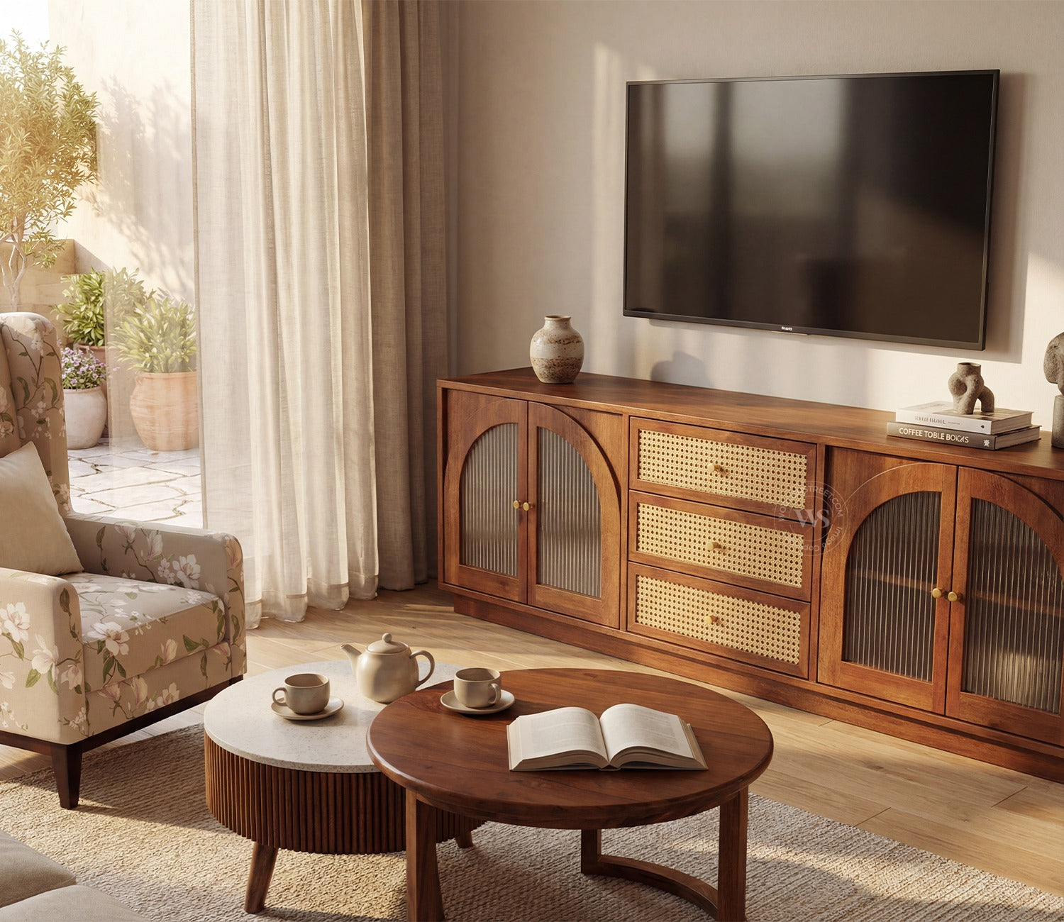 Windsor Premium Mango Wood TV Unit with Fluted Glass Panel Door Cabinets, Cane Detailing (Teak Finish)