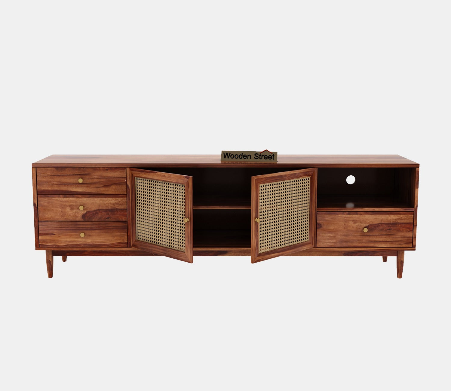 Eka Sheesham Wood and Cane TV Unit (Honey Finish)