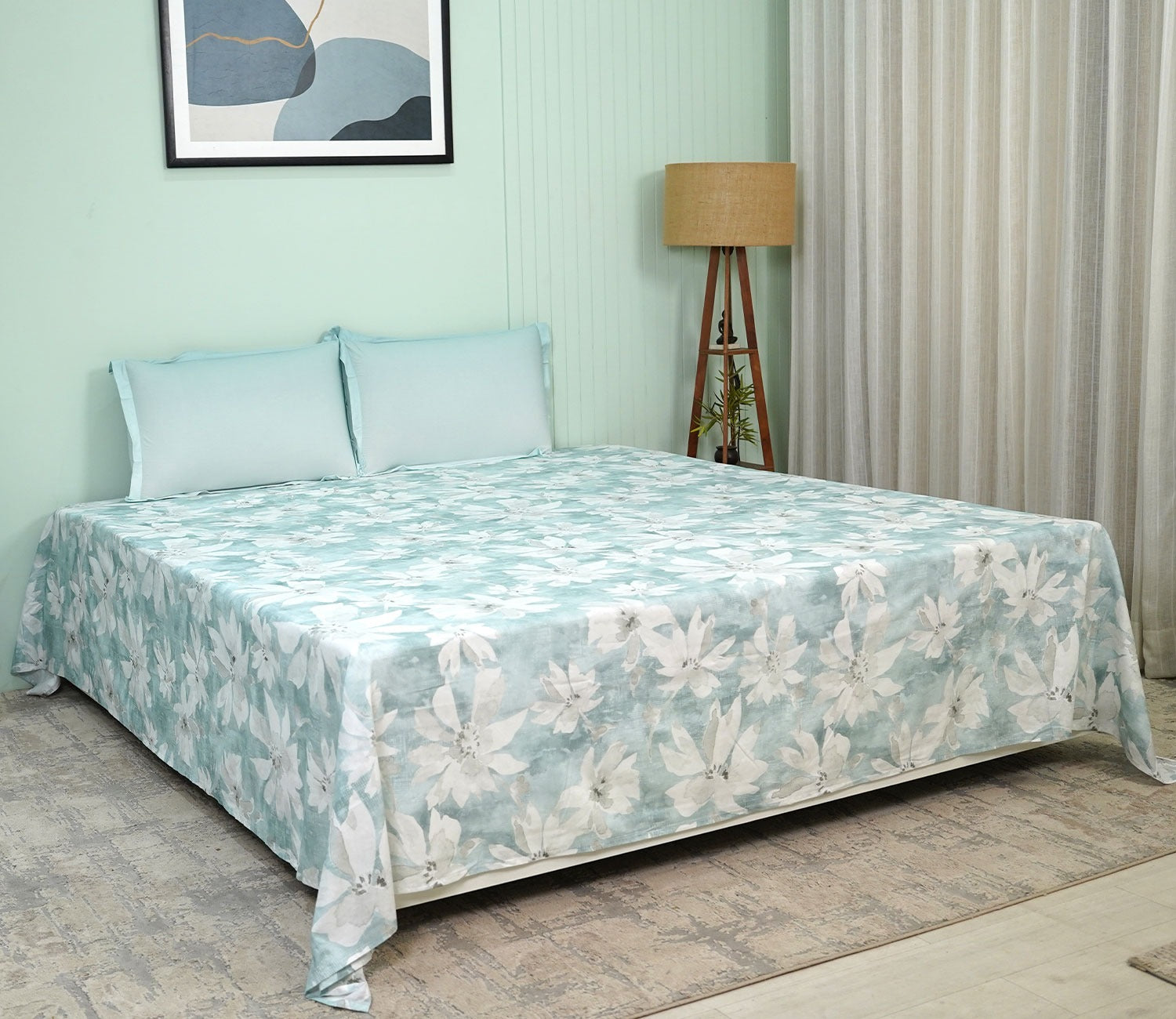 Blossom Flat Cotton Bed Sheet King Size with 2 Pillow Covers (Blue)