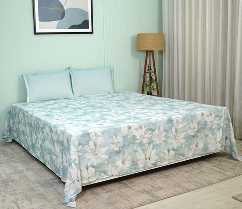 Blossom Flat Cotton Bed Sheet King Size with 2 Pillow Covers (Blue)