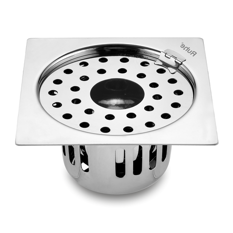 Trueliving_Air Square Silver Flat Cut 304-Grade Floor Drain with Hinge, Hole & Cockroach Trap (5 x 5 Inches)
