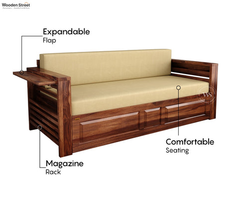 Feltro Sheesham Wood Sofa Bed With Storage (Queen Size, Honey Irish Cream)